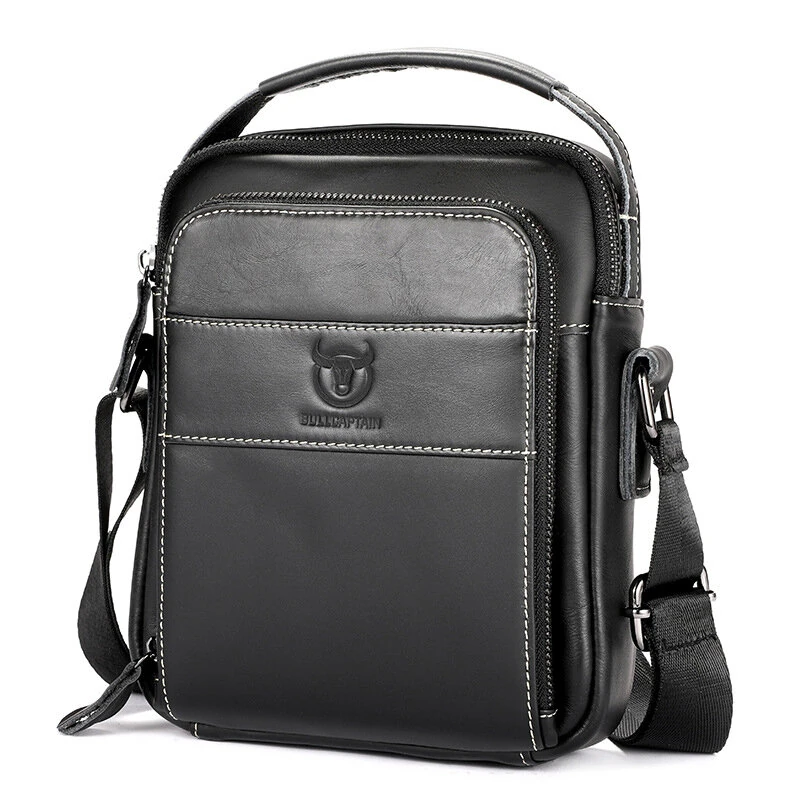 (image for) BULLCAPTAIN Genuine Leather Men Shoulder Bags Vintage Small Flap Crossbody Briefcase Handbag Vintage Messenger Bag